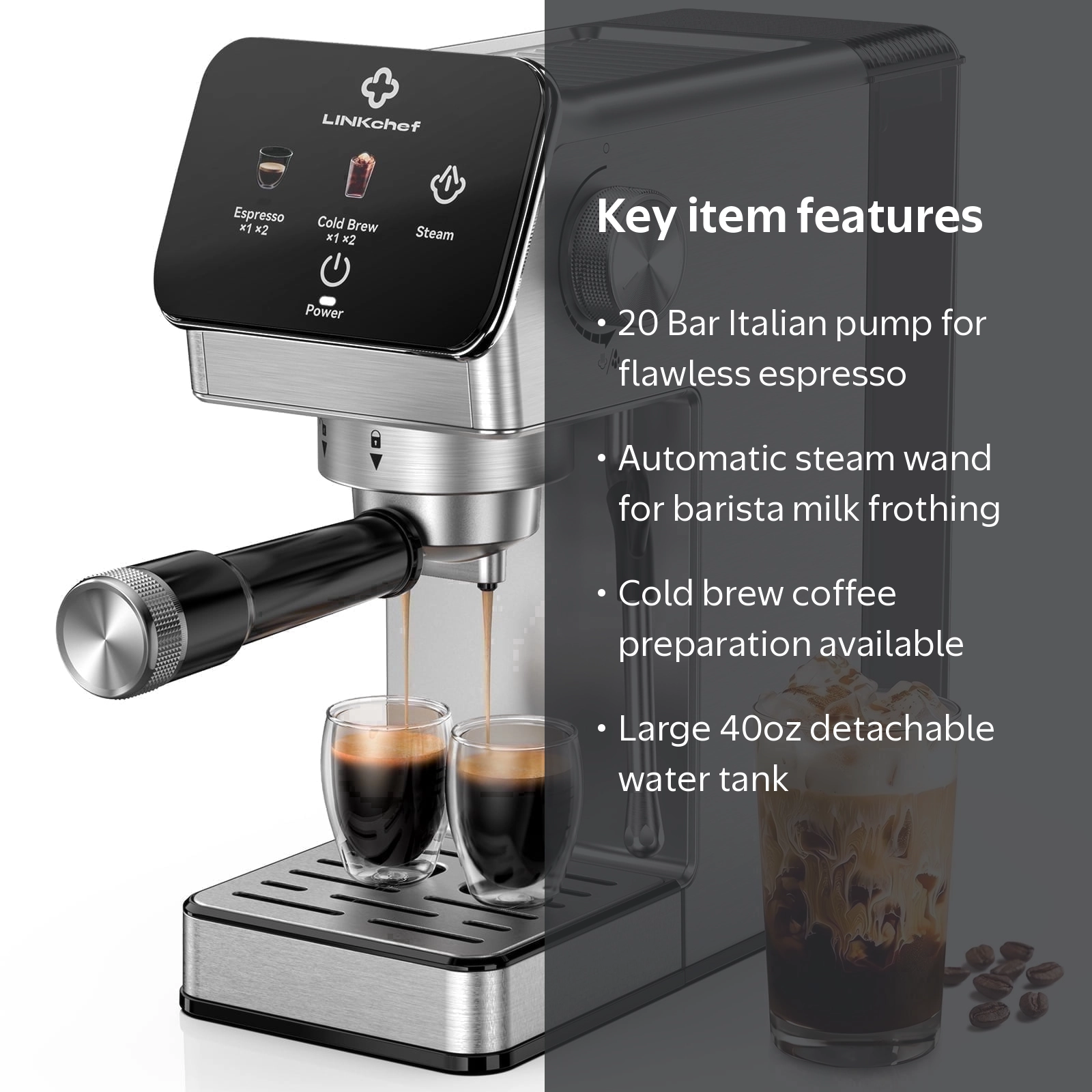 LINKChef Espresso Machine, 20 Bar, Small Coffee Maker with Milk