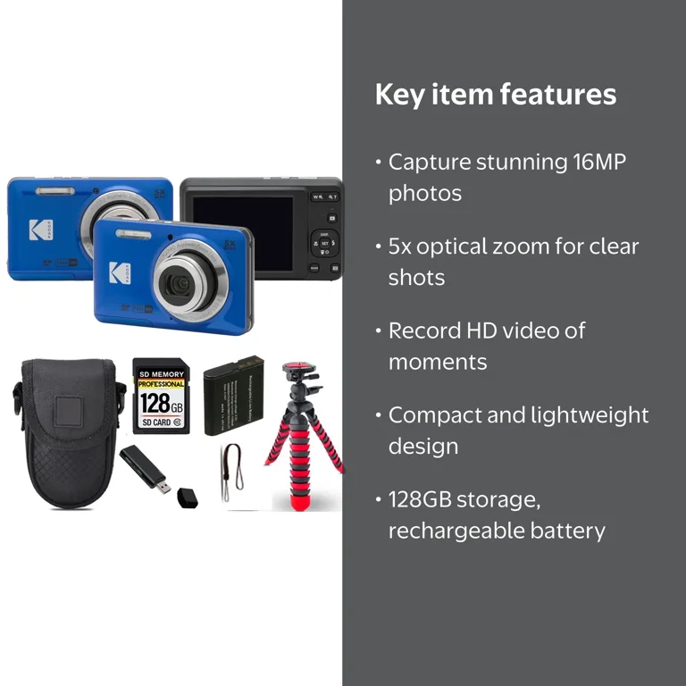Kodak PIXPRO FZ55 Compact Digital Camera (Blue) with Spider Tripod