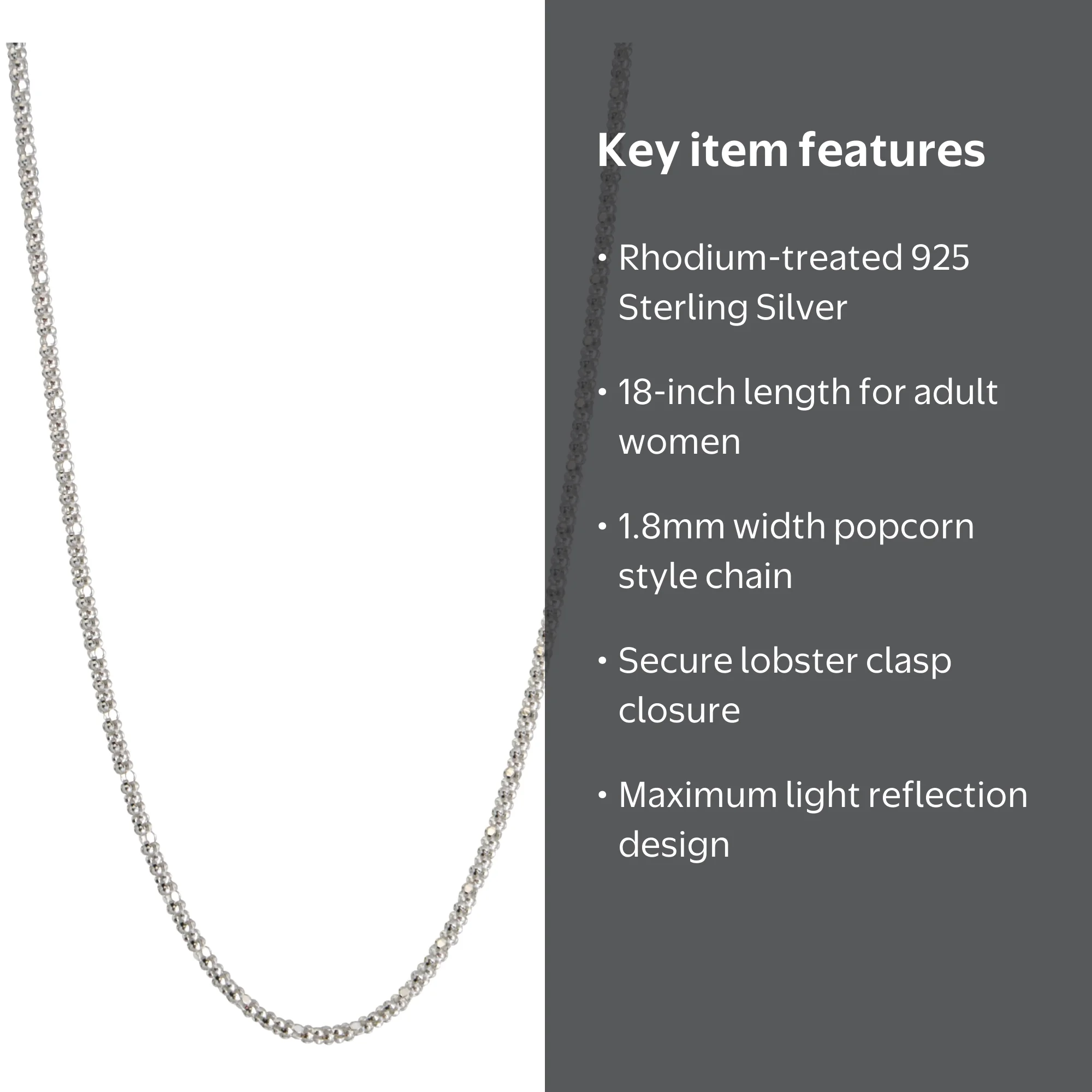 Brilliance Fine Jewelry Sterling Silver 18 inch 1.8mm Popcorn