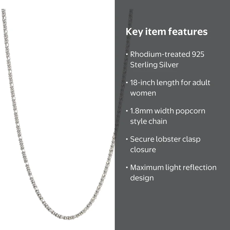 Brilliance Fine Jewelry Sterling Silver 18 inch 1.8mm Popcorn