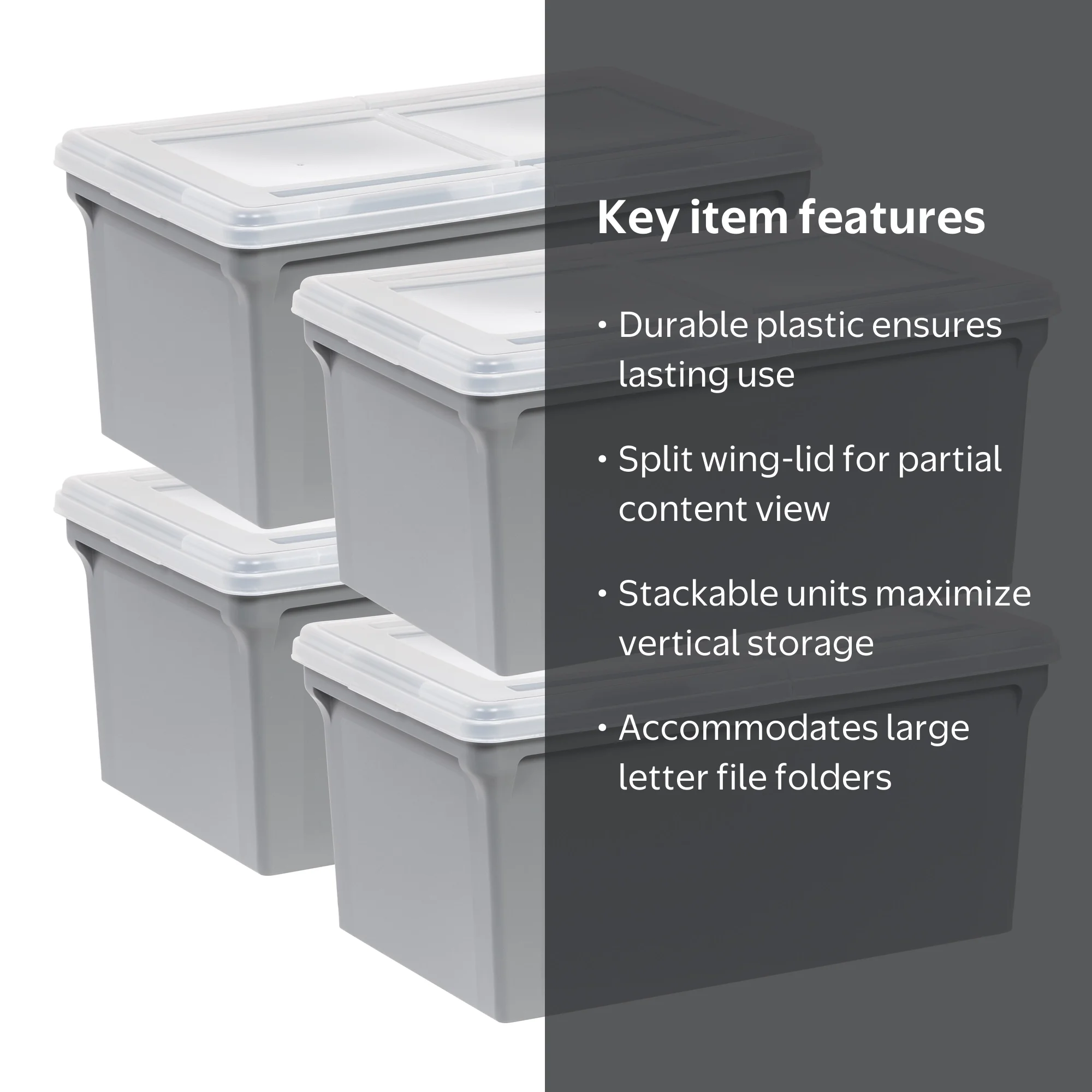 IRIS Plastic Storage Bins, Split Lid File Boxes, Letter Size, Gray