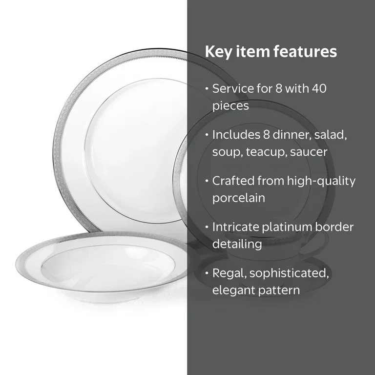 Mikasa Platinum Crown 40-Piece Dinnerware Set, Elegant Dinner