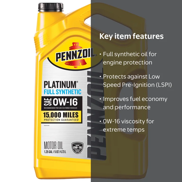 Pennzoil Platinum Full Synthetic 0W-16 Motor Oil, 5 Quart