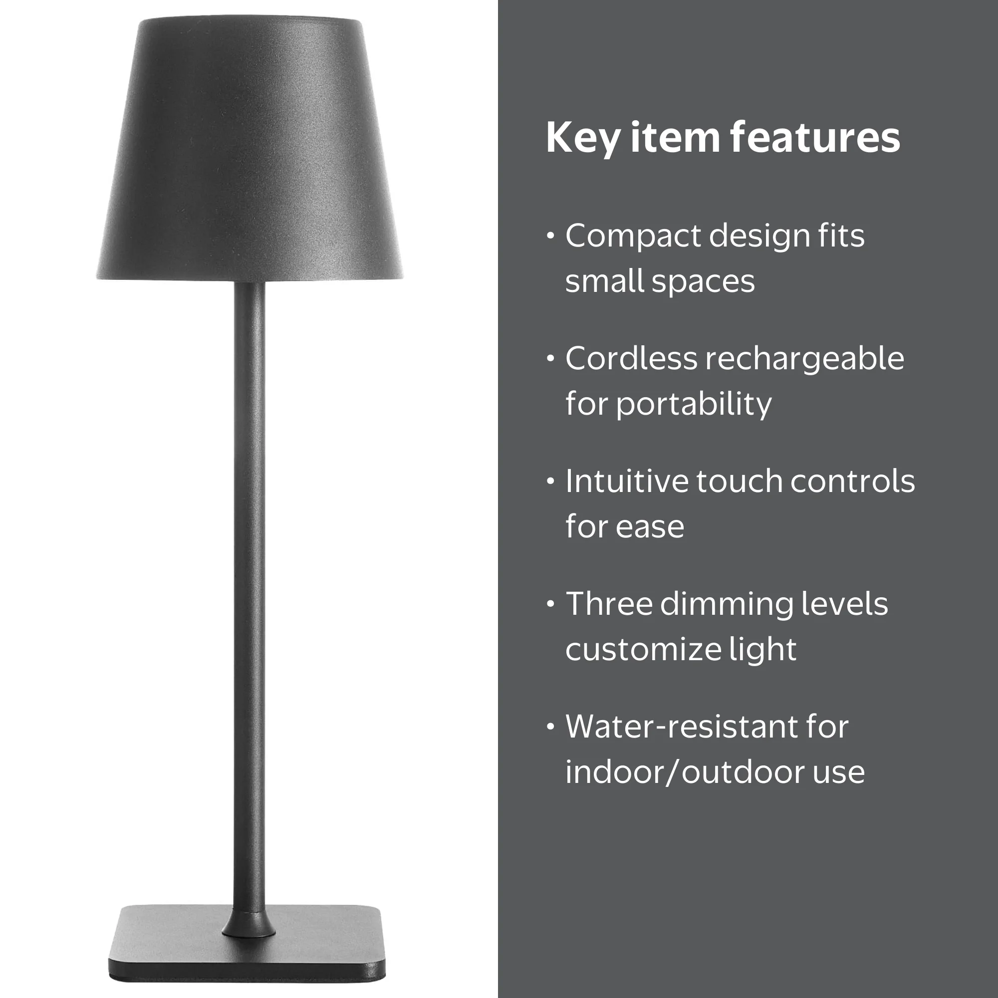 Cordless Rechargeable LED Table Lamp – Candle Shape, Dimmable 3 Levels, Aluminum Alloy, USB-C