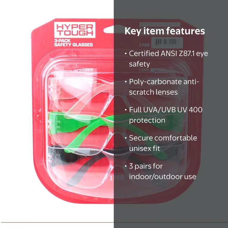 Hyper Tough Safety Glasses 3-Pack Unisex with Z87.1 Polycarbonate