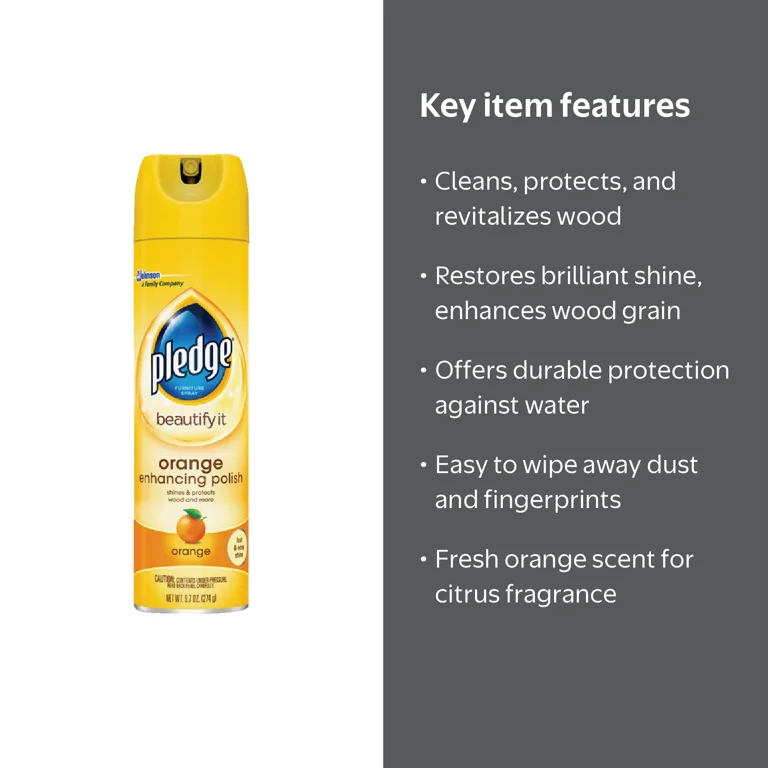 Pledge Orange Furniture Polish, 9.7 OZ, Wood Oil Gloss, Surface
