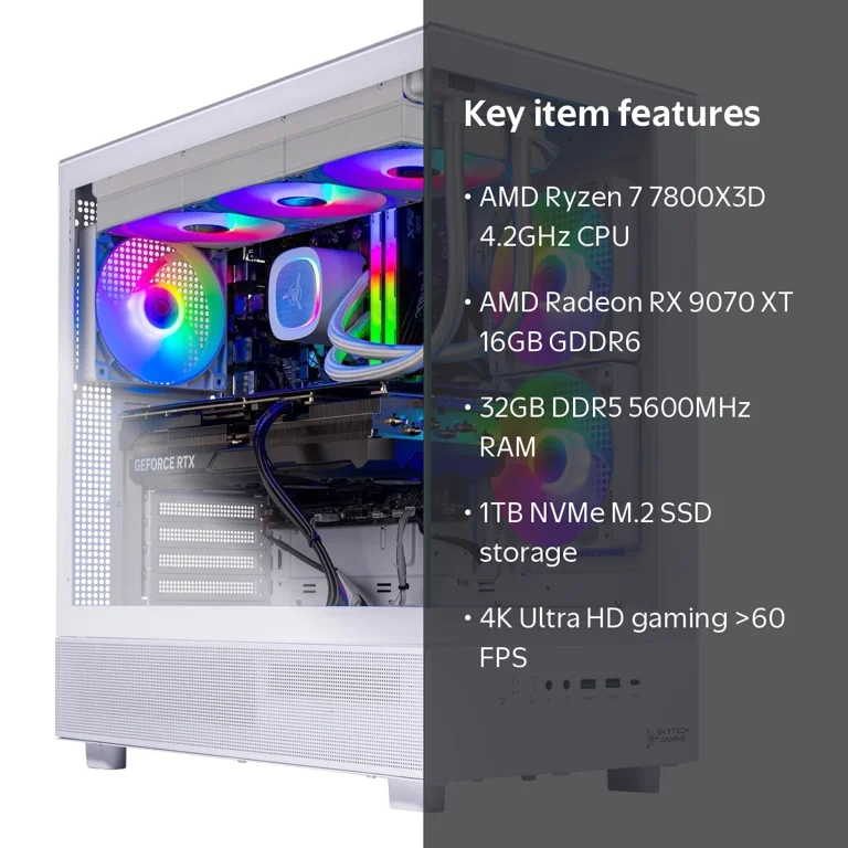 Skytech Gaming Azure 3 Gaming PC, Ryzen 7 7800X3D, RX 9070XT