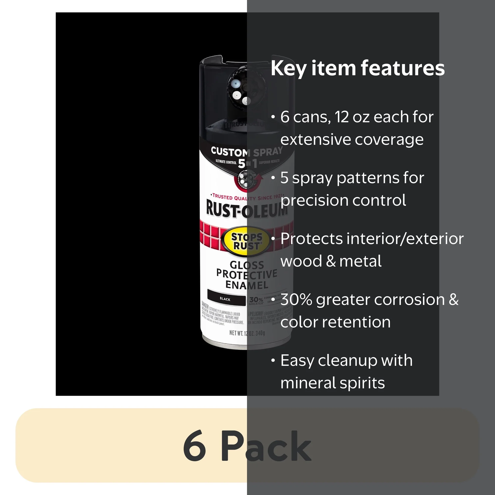 6 pack) Black, Rust-Oleum Stops Rust Custom Sprays 5 in 1 Gloss