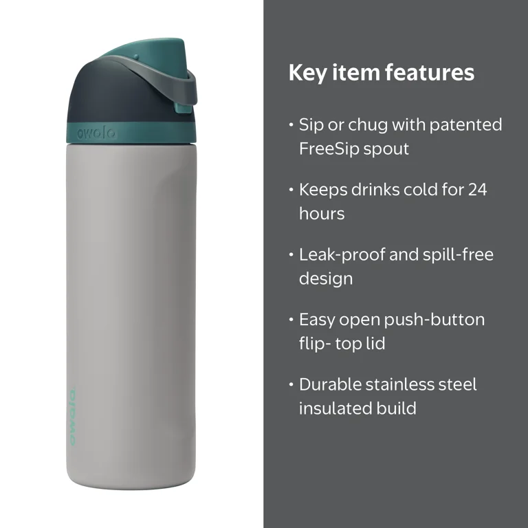 Owala FreeSip Stainless Steel Water Bottle, 24oz, Gray Whale
