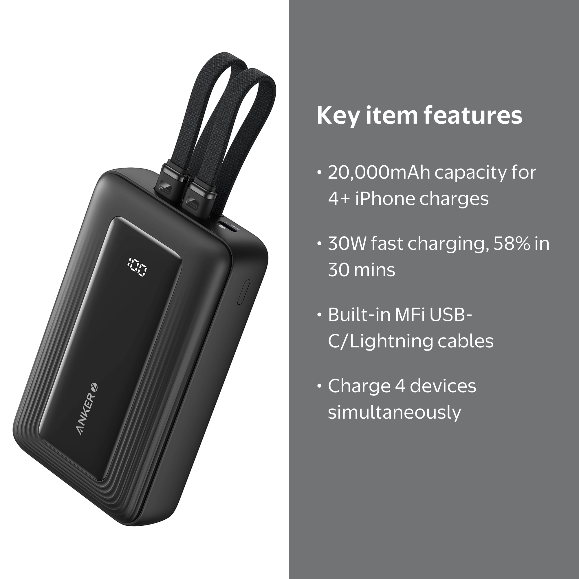 Anker 20,000mAh Power Bank, 30W Fast Charging, Built-In USB-C +