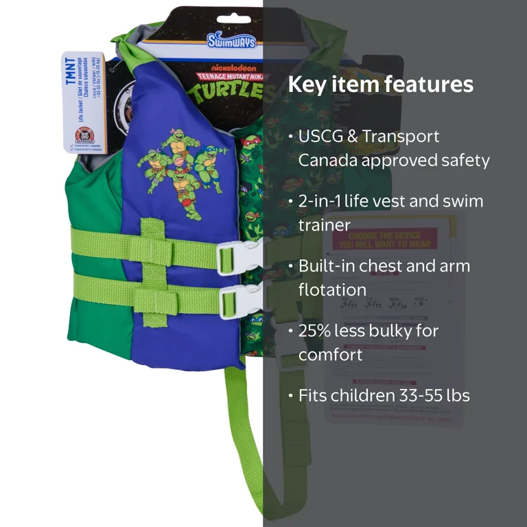 SwimWays TMNT Life Jacket, USCG Approved Life Vest for Kids 33-55