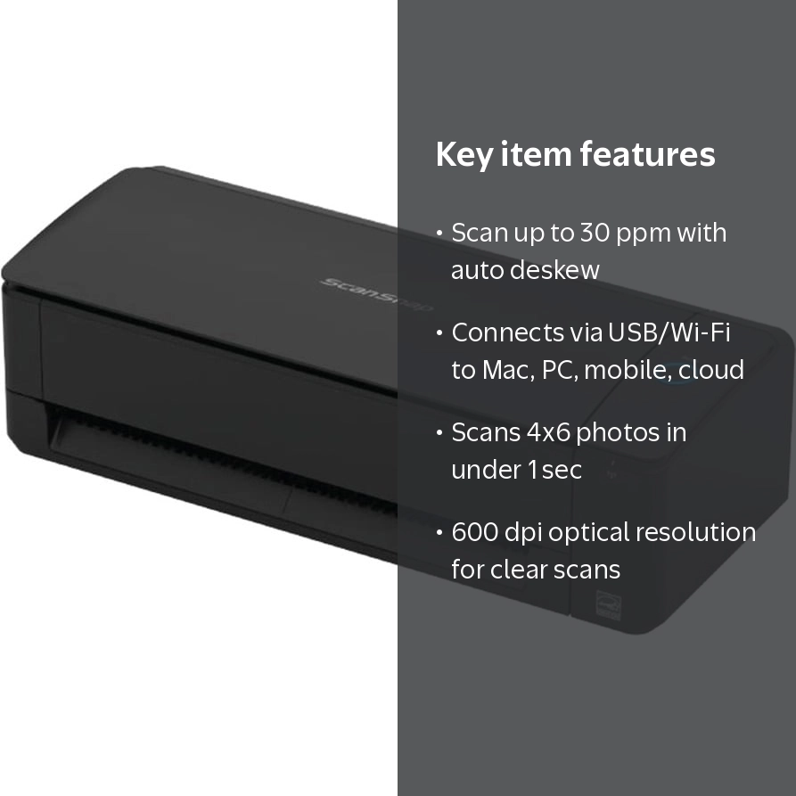 Ricoh ScanSnap iX1300 Document Scanner - Black, Wireless, Office