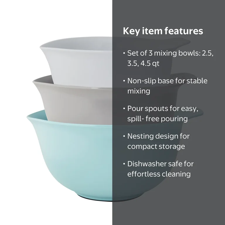 KitchenAid Universal Set of 3 Plastic Mixing Bowls Aqua Blue, Gray