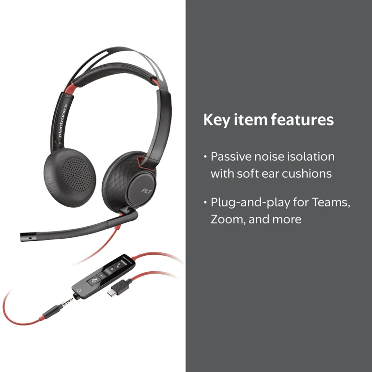 Poly Blackwire 5220 Wired Headset (Plantronics) - Flexible Noise
