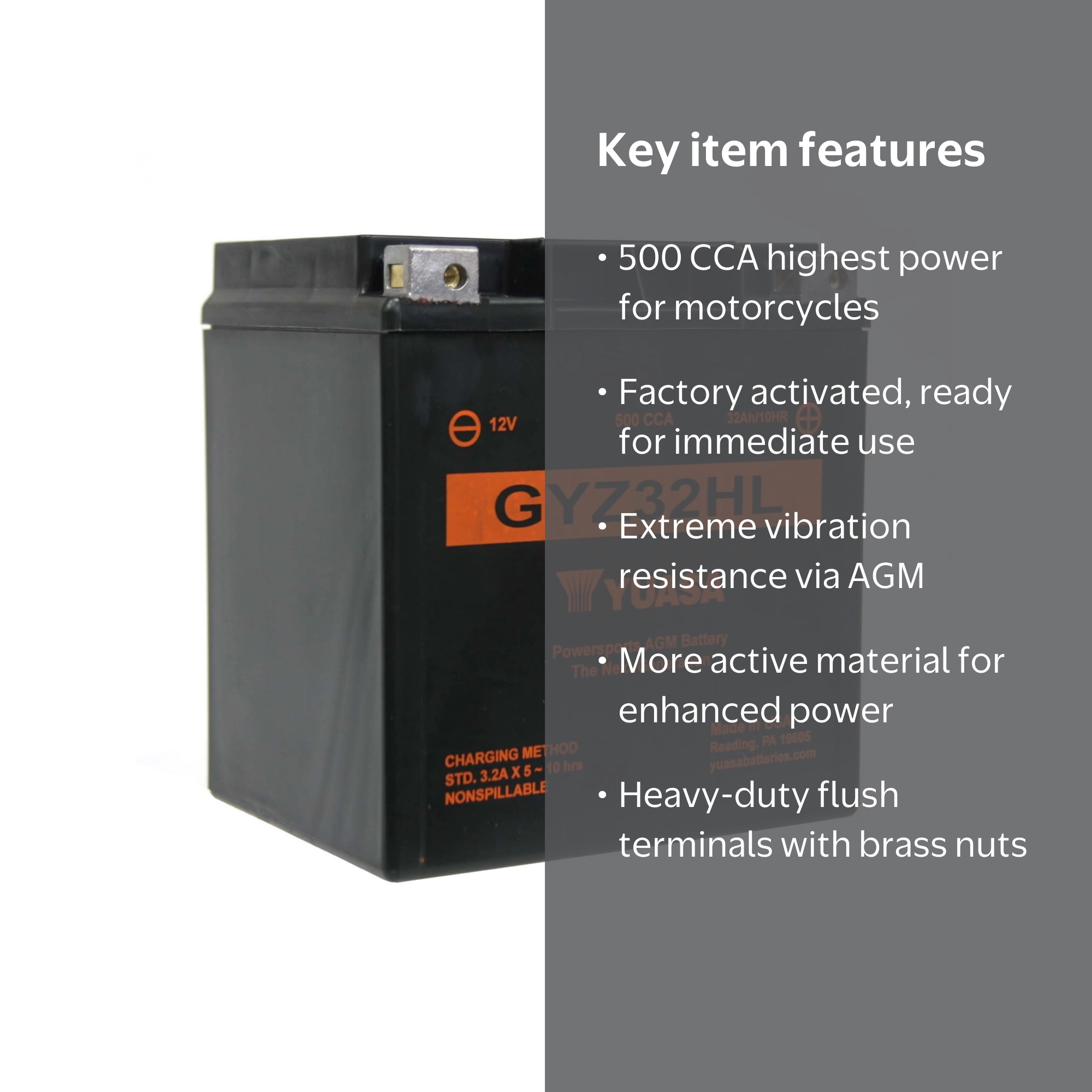 Yuasa GYZ32HL AGM Sealed Automotive Battery, 12 Volt, 500 CCA, Top