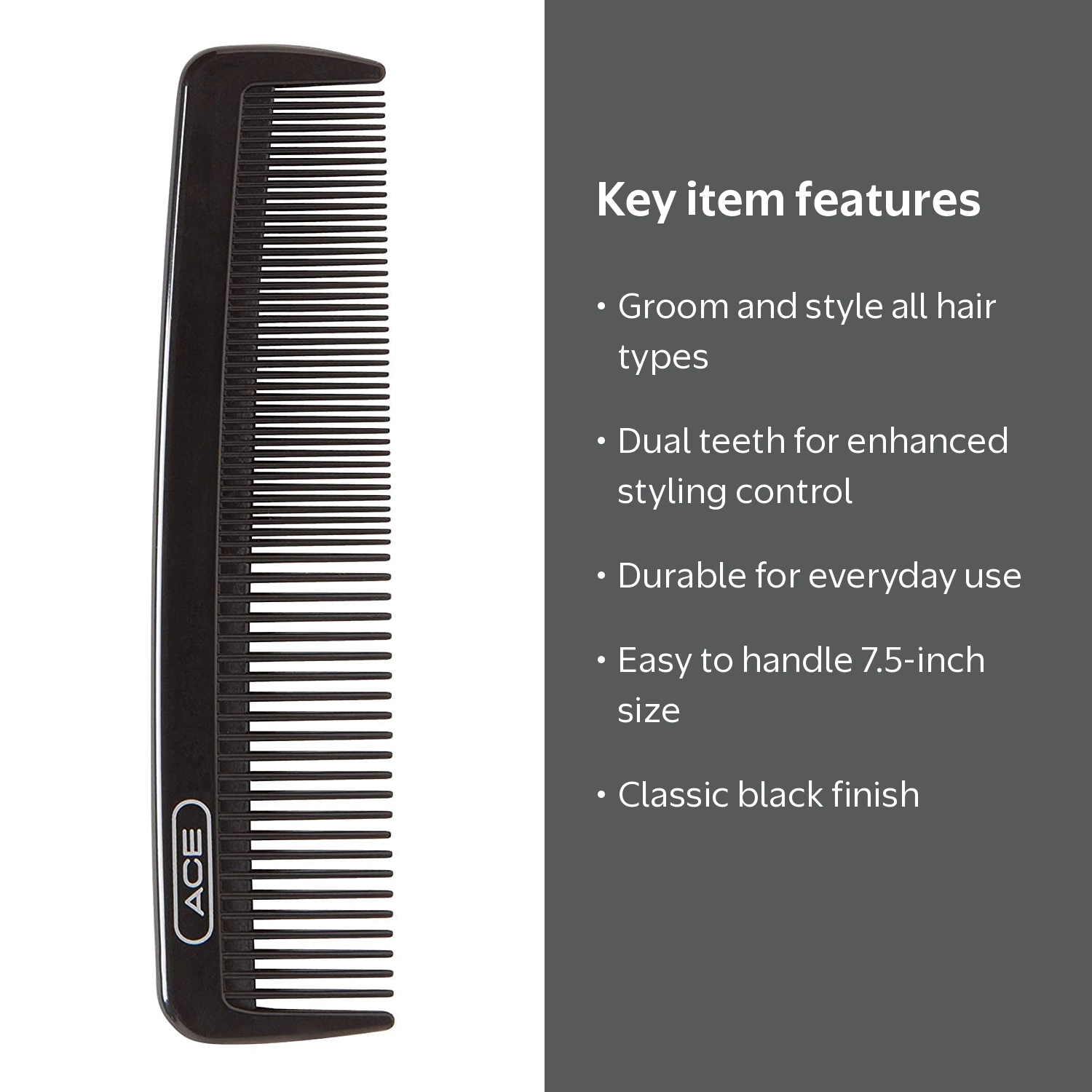 Ace Classic 7.5 Inch Black Hair Comb for Everyday Styling and