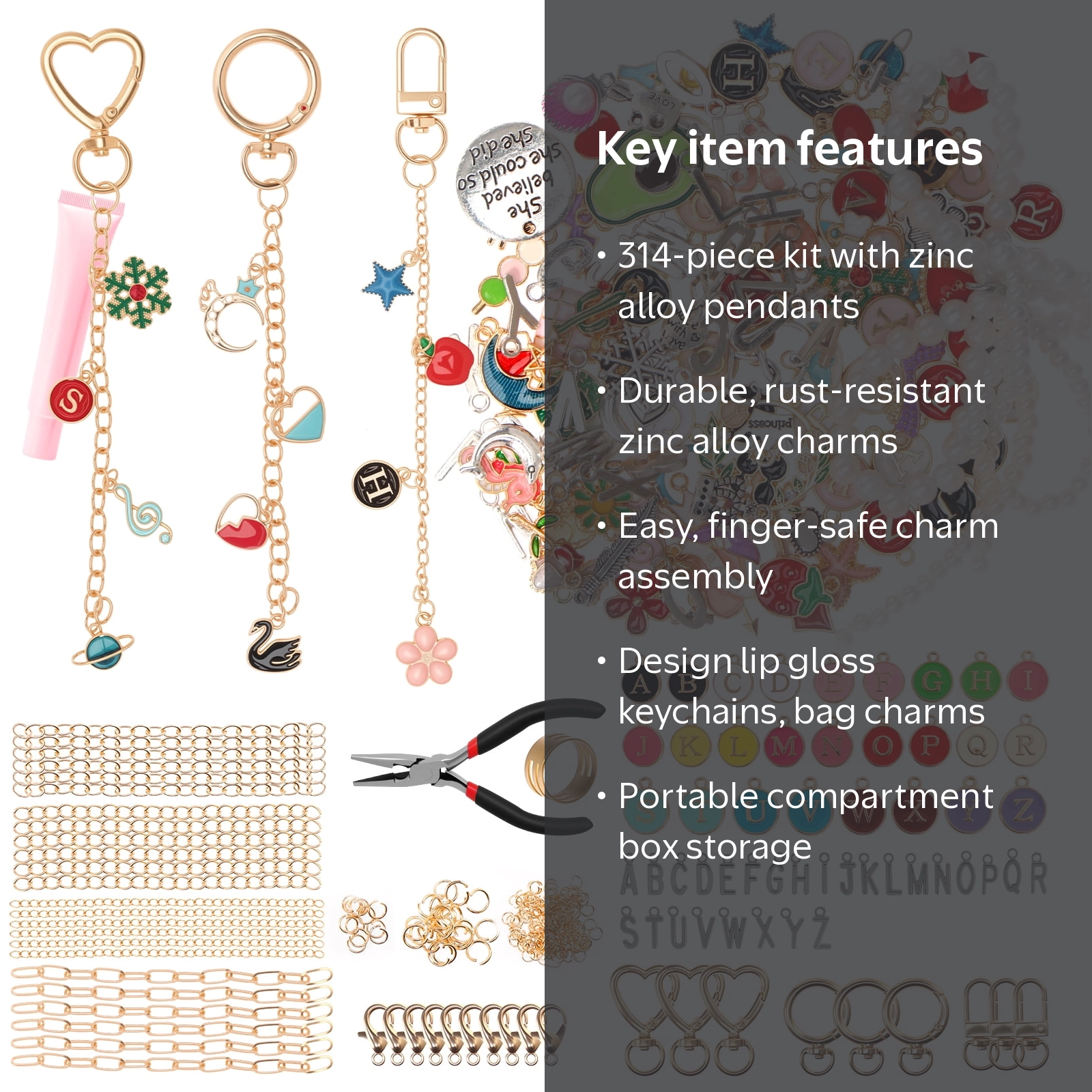 Lip Gloss Keychain Making Kit with Charms, 314Pcs Bag Charm Kit