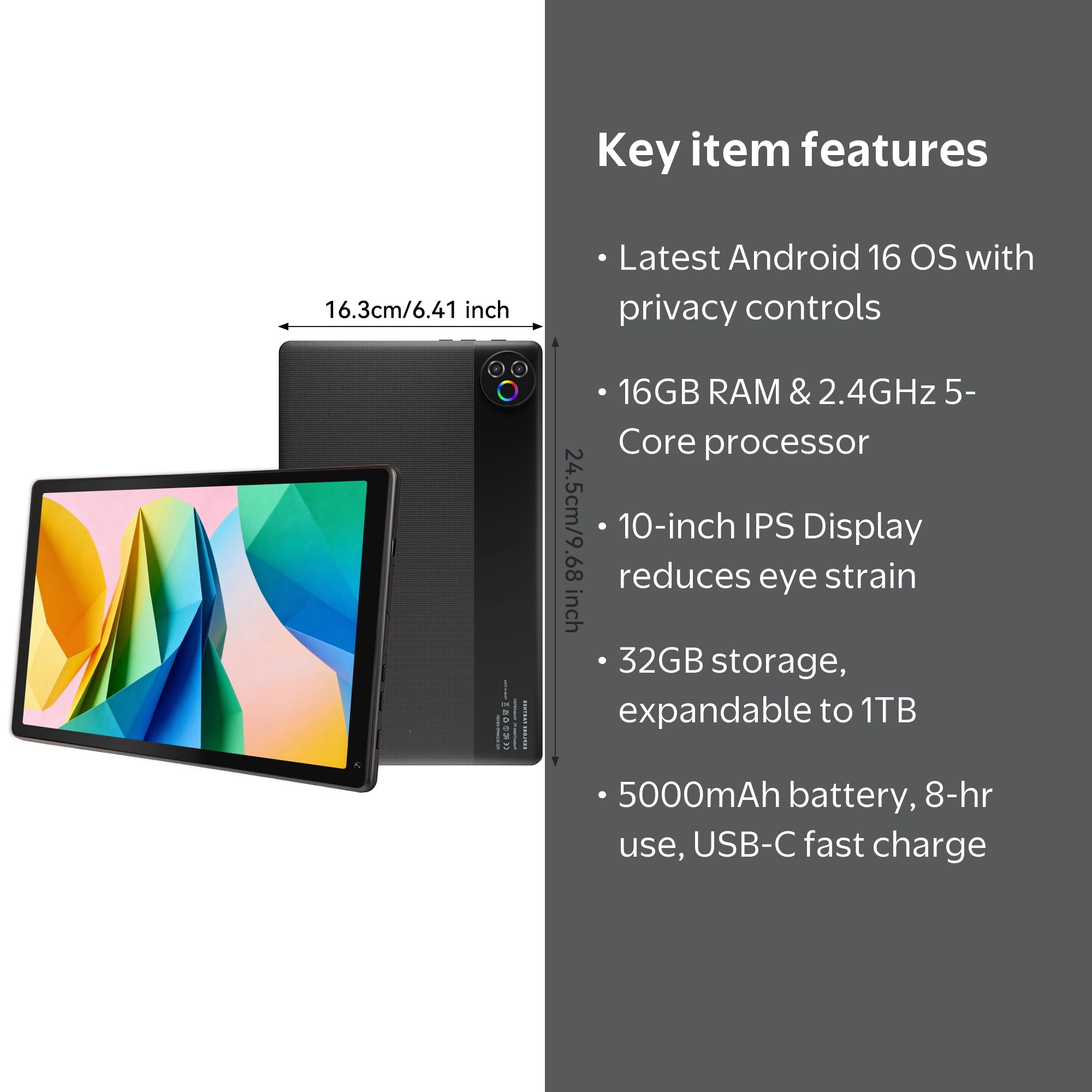 BESTSKI 10 inch Tablet, Android 16 OS, 16GB RAM 32GB ROM 1TB