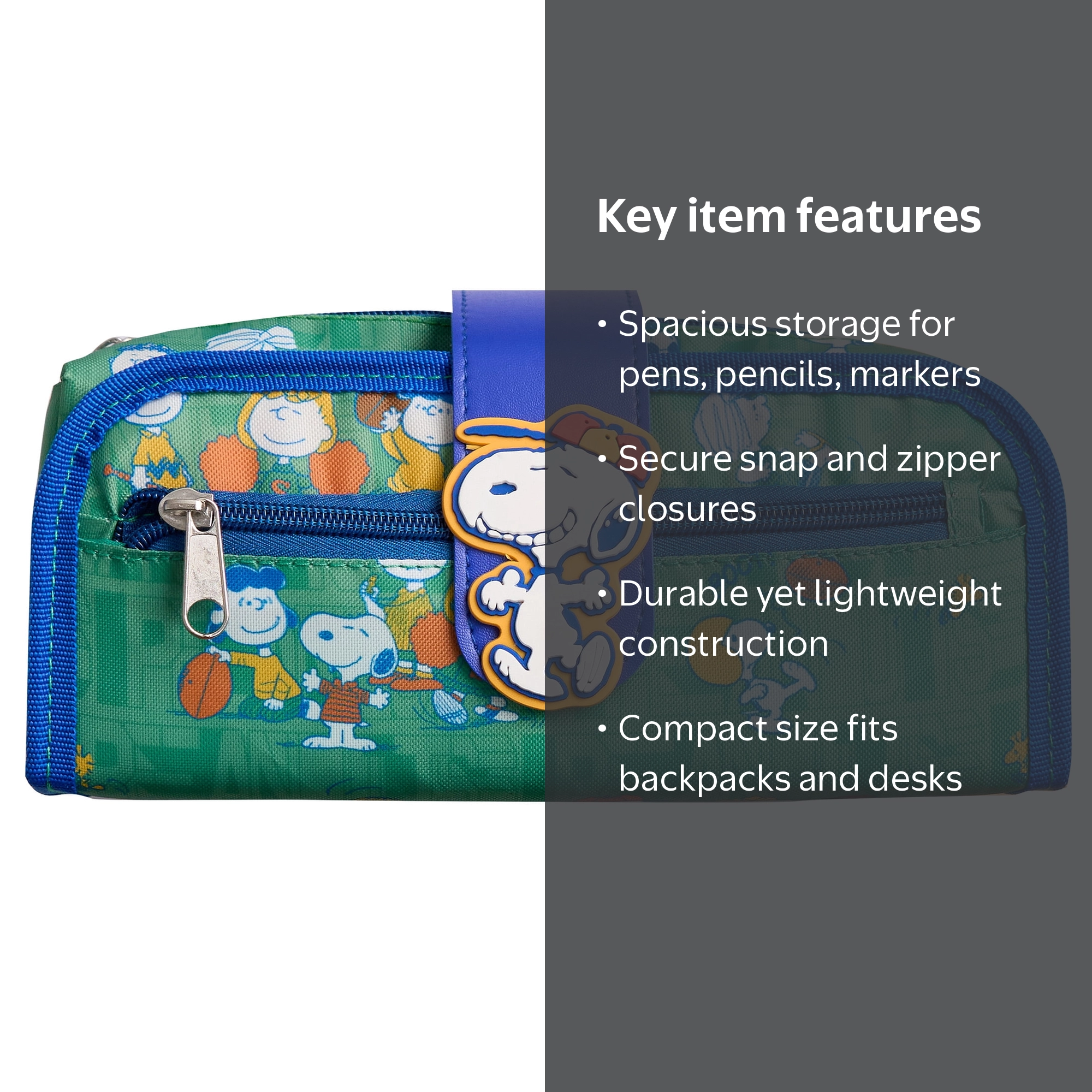 Peanuts Utility Pencil Pouch with Snap and Zipper Closures, Green