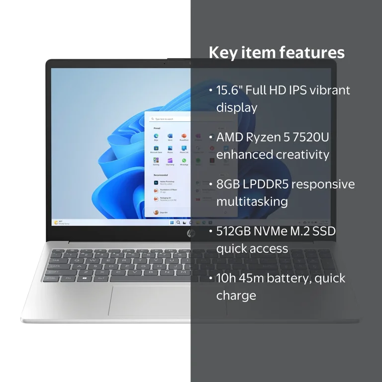 HP 15.6 inch FHD IPS Win 11 Laptop AMD Ryzen 5 7520U 8GB RAM 512GB