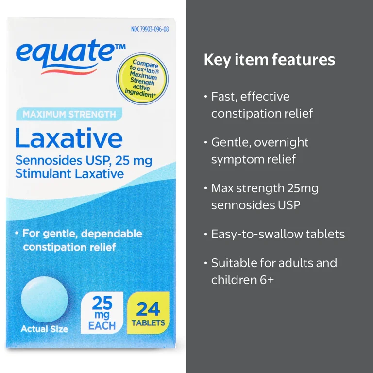Equate Maximum Strength Sennosides Laxative Tablets for Constipation Relief, 25mg, 24 Count