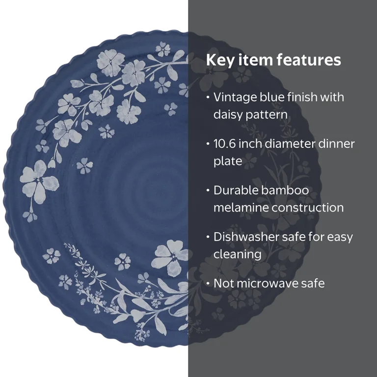 The Pioneer Woman Daisy Bamboo Melamine Dinner Plate, Blue, 10.6