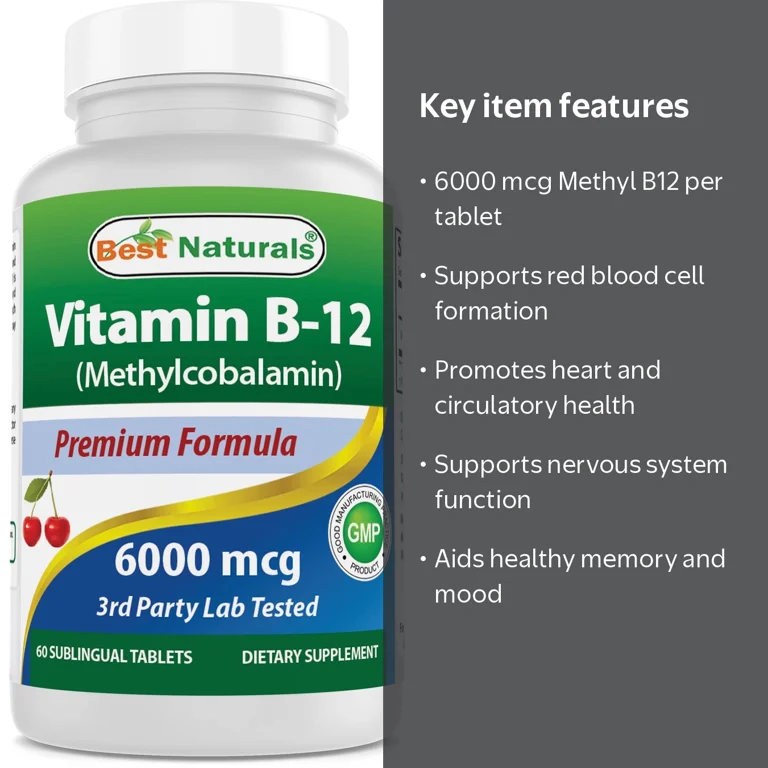 Best Naturals Vitamin B-12 as Methylcobalamin (Methyl B12) 6000 mcg 60 Sublingual Tablets, White
