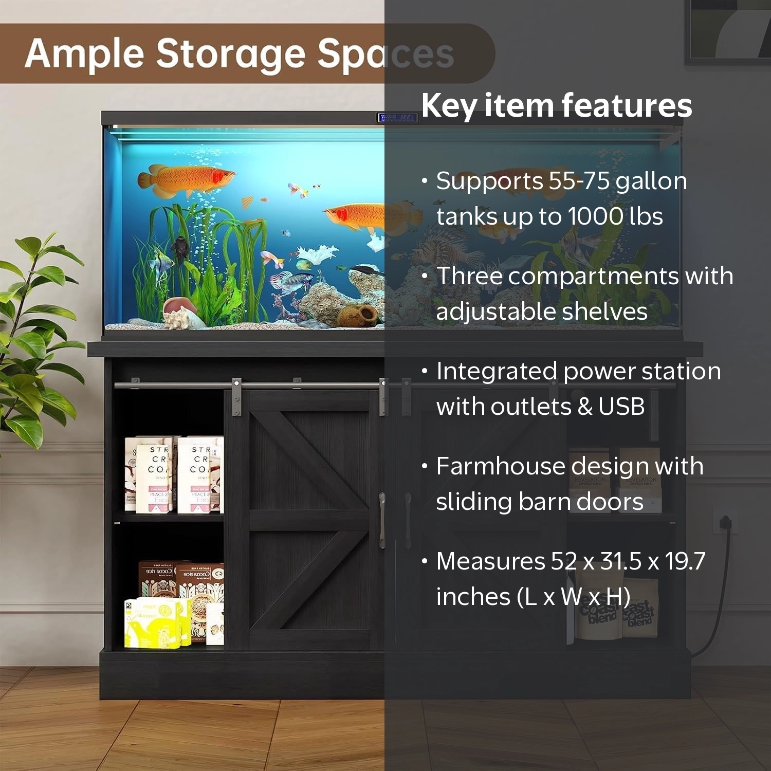 Selooye 55-75 Gallon Fish Tank Stand with Sliding Barn Doors