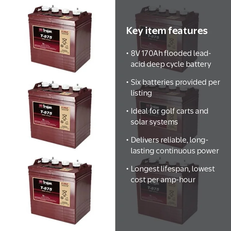 Trojan, Deep Cycle Flooded Lead Acid Battery, T-875 8V 170Ah, 6