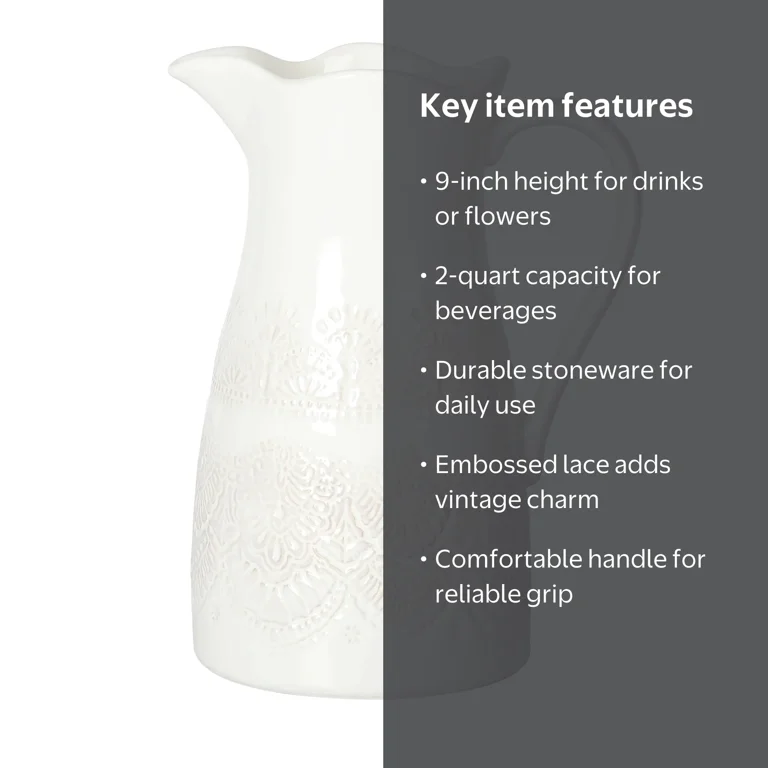 The Pioneer Woman Vintage Lace Linen 9-inch Ceramic Pitcher