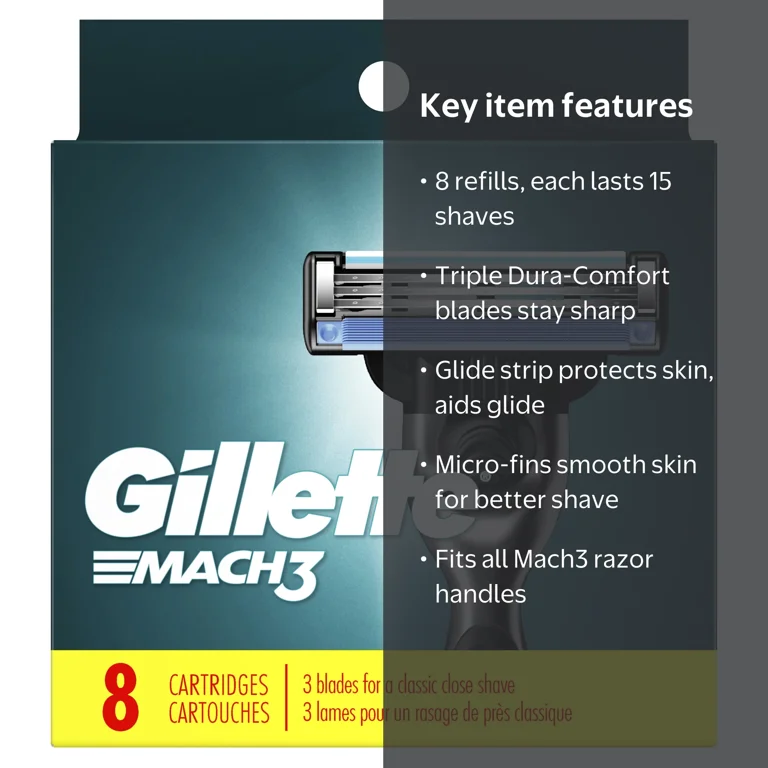 Gillette Mach3 Razor Blade Refill, Manual Razor Men, 8 count
