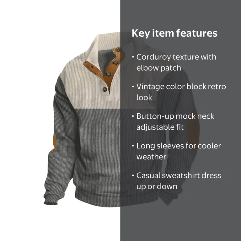 Mens Corduroy Shirts with Elbow Patches Vintage Color Block Button