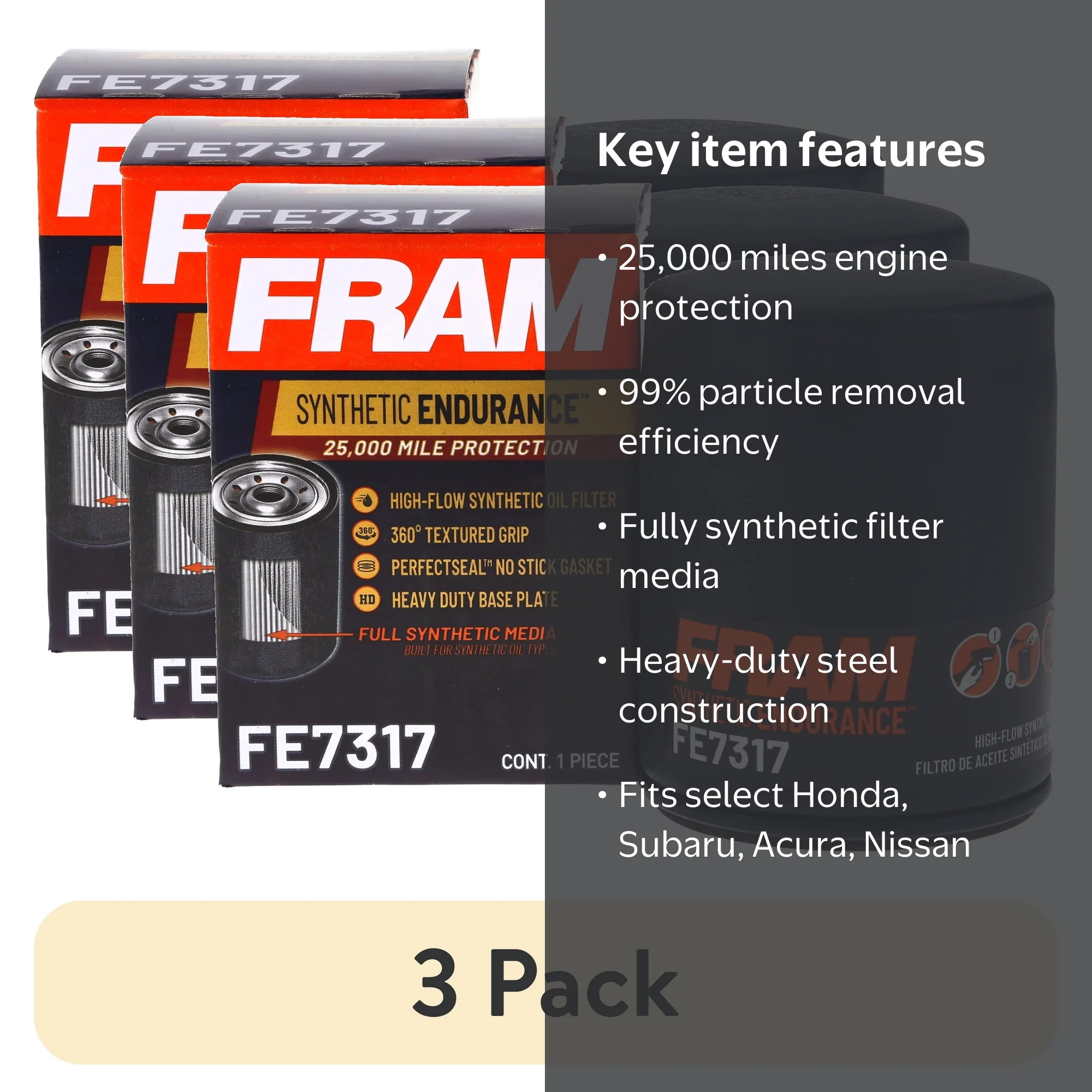 3 pack) FRAM Synthetic Endurance Premium Oil Filter, FE7317, 25K