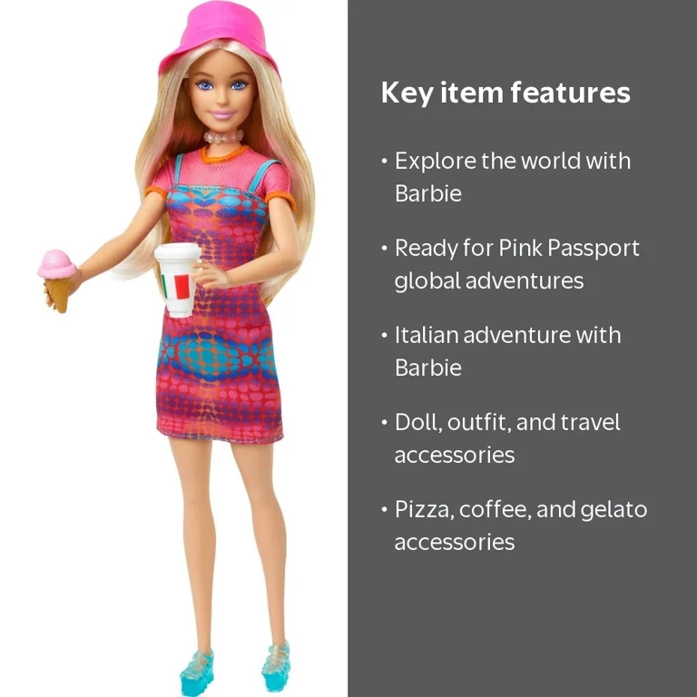 Barbie Pink Passport Italy Doll Set Clothes Travel Accessories Toy