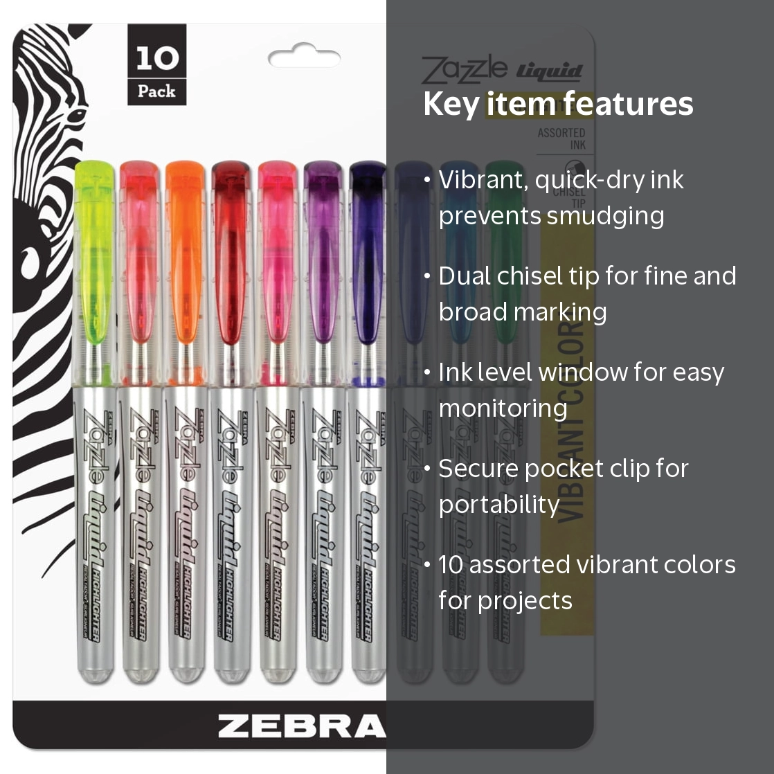 Zebra Zazzle Liquid Ink Highlighter, 10-Count, Chisel Tip