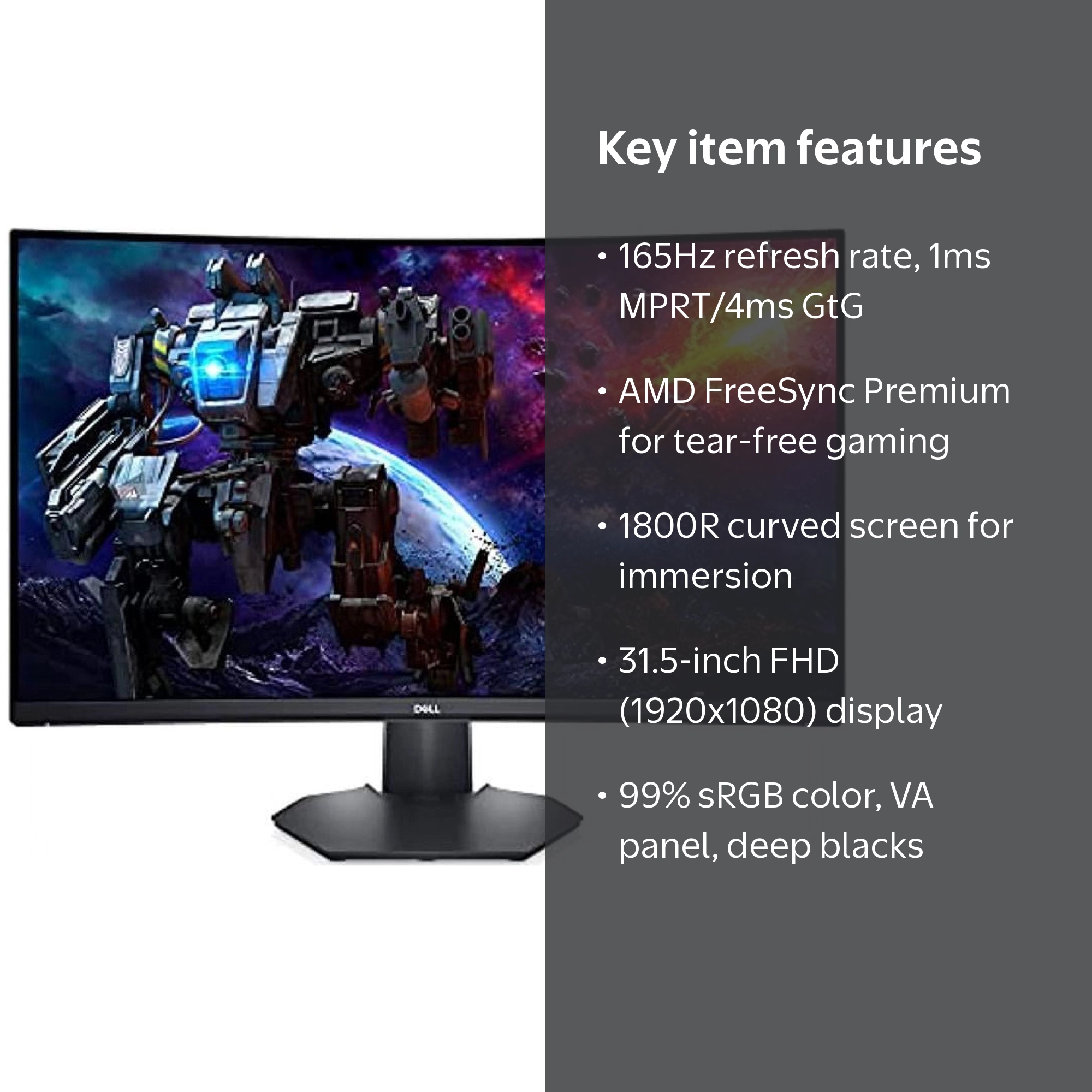 Dell S3222HG 32'' FHD 165Hz Curved Gaming Monitor, 1800R, 4ms