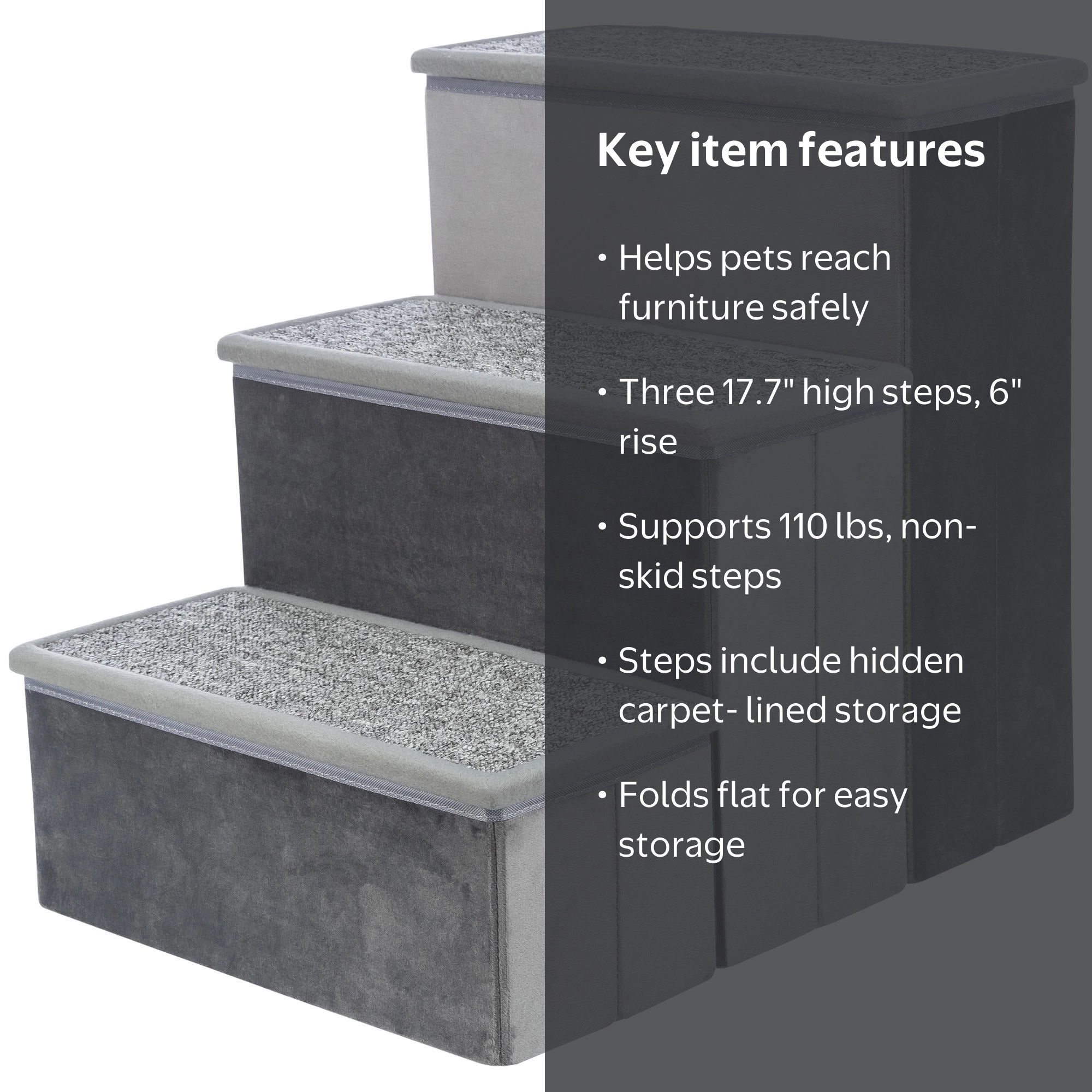 TRIXIE 3-Step Foldable Velour Pet Stairs with Storage, Gray