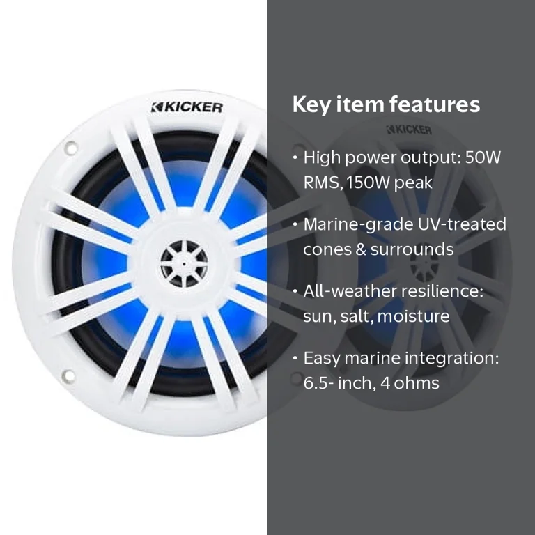 Kicker, Marine Audio Speakers, 6 ½ inch, RGB LED, Waterproof