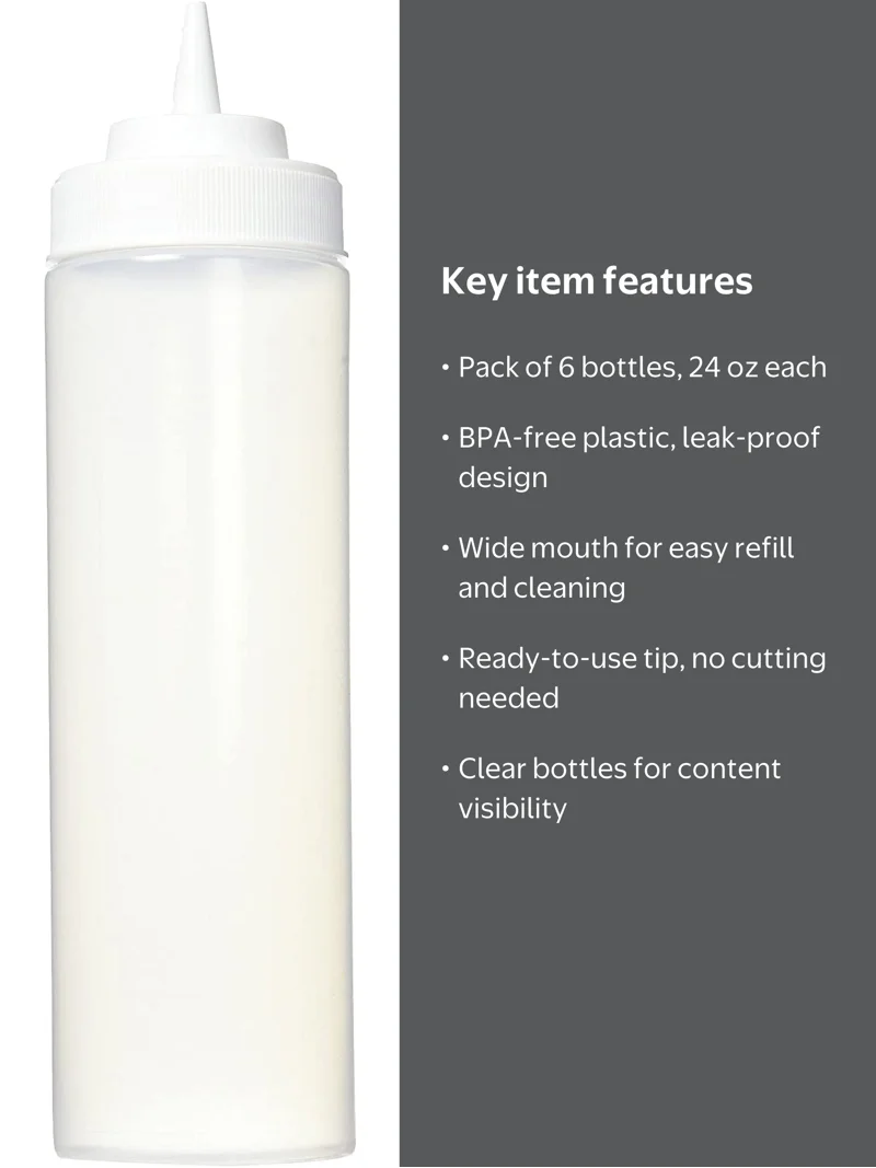 Winco Wide Mouth Squeeze Bottles 24 oz, 6-Pack, Clear Plastic