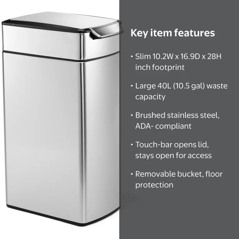 simplehuman 40L Slim Touch-Bar Trash Can, Brushed Steel - Walmart.com