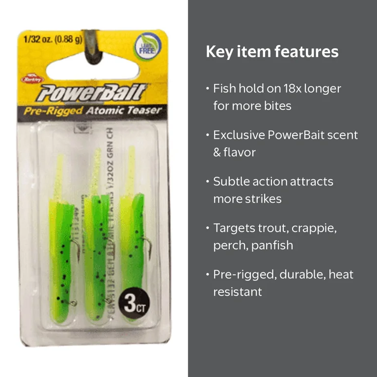 Berkley PowerBait Pre-Rigged Atomic Teasers Fishing Bait, Green