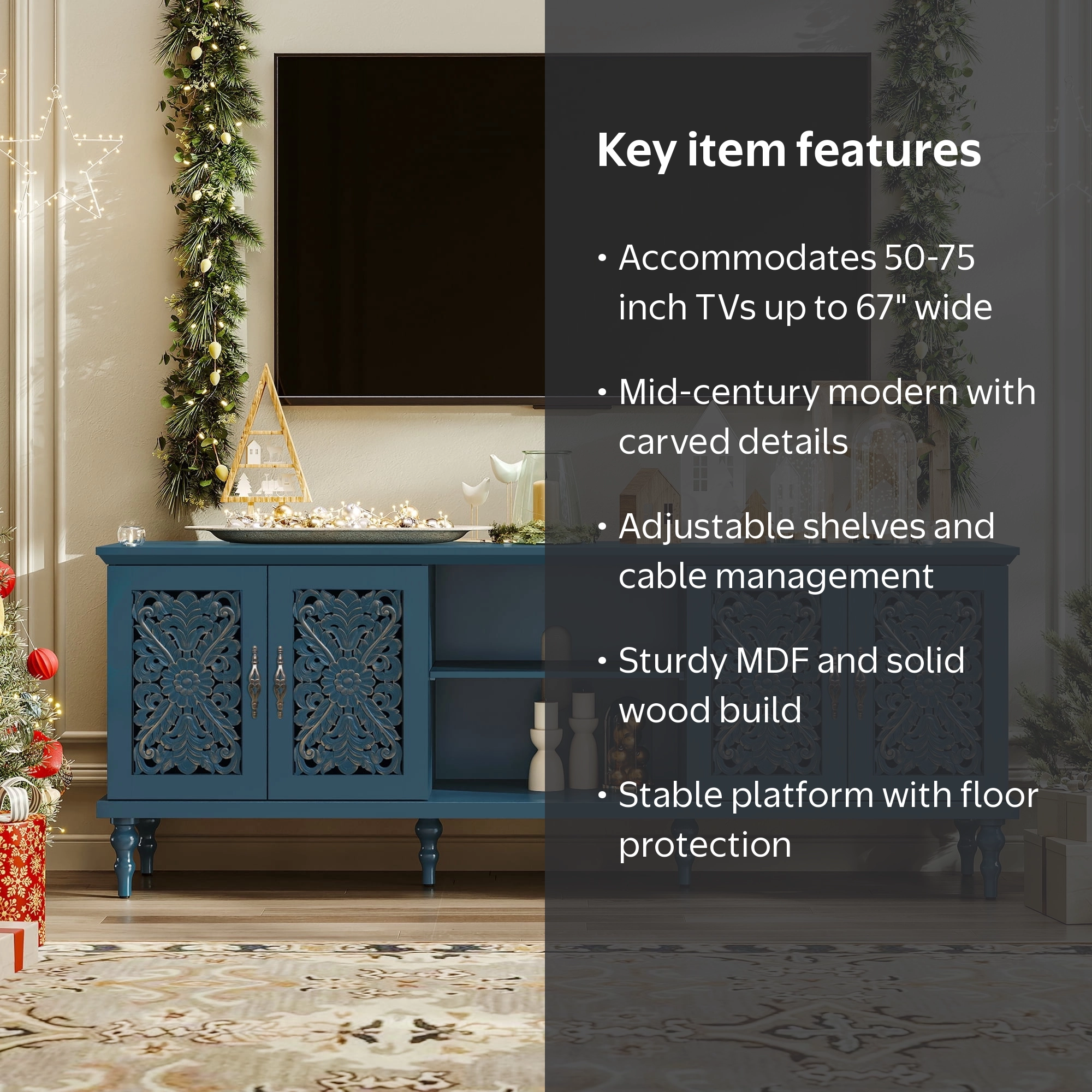 HLR, TV Stand, for 75 inch TV, Blue, Carved Storage Cabinet
