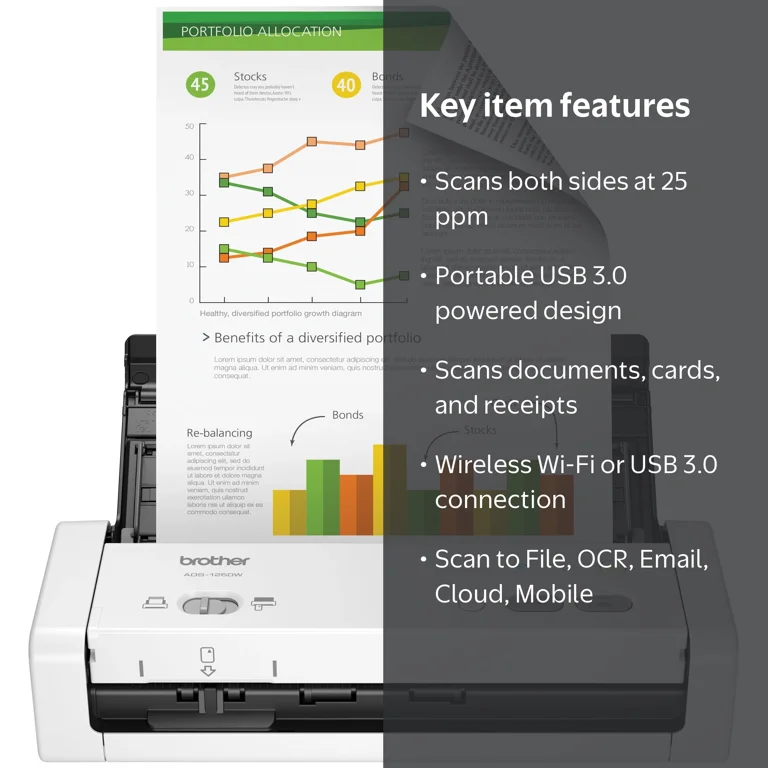 Brother Compact Desktop Scanner, Mobile, ADS-1250W, Small Document