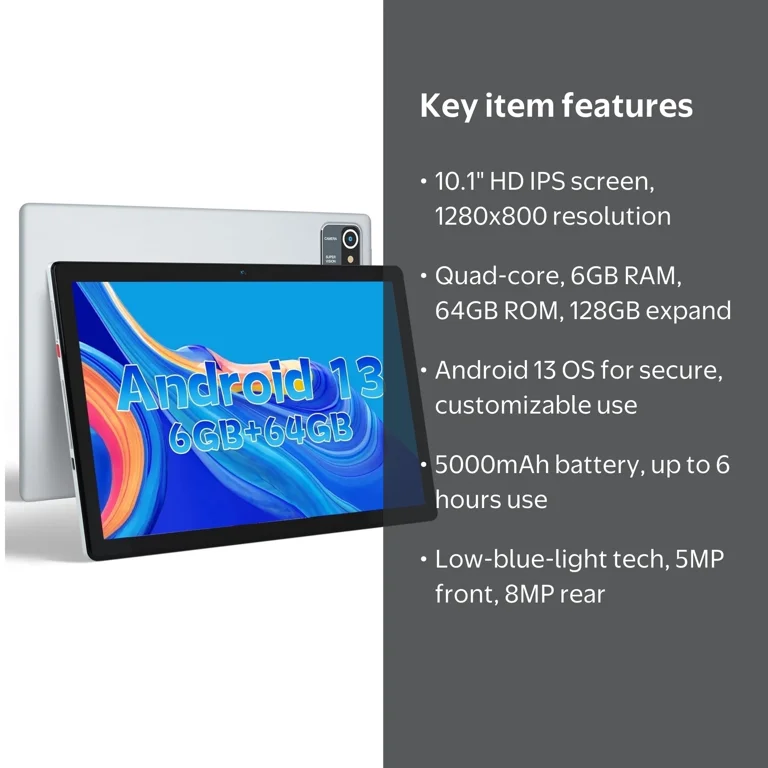 10inch Android 13 Table, 6GB RAM 64GB ROM 128GB Expand, Quad-core