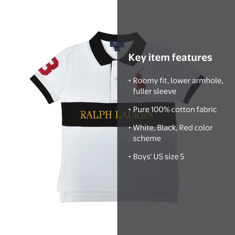 Ralph Lauren WHITE/BLACK/RED Boys Big Pony Chest Stripe Polo Shirt