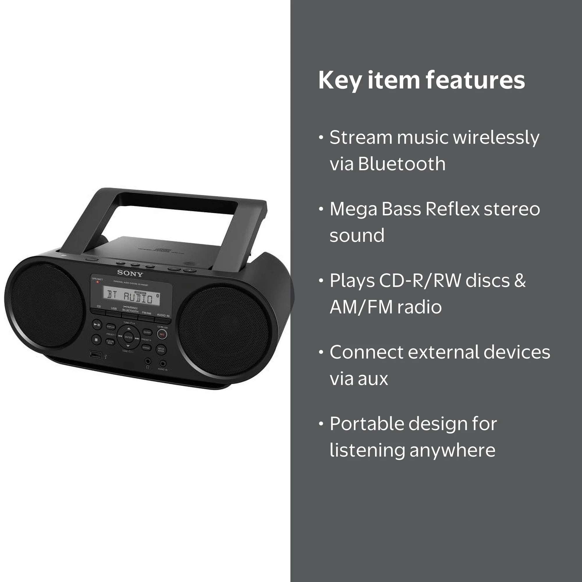 Sony Bluetooth Portable CD Player with AM/FM Radio, Mega Bass