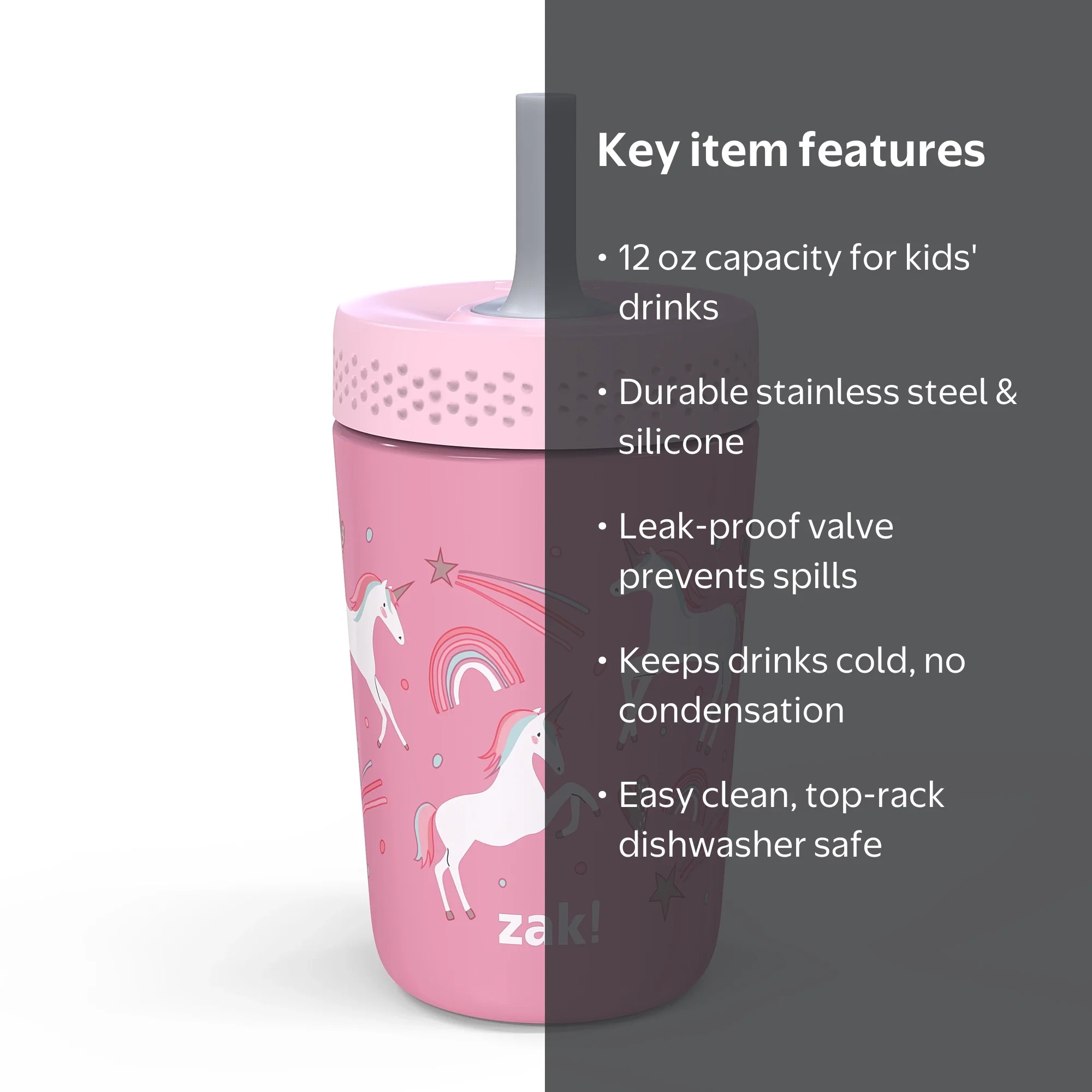 Zak Designs 12oz Fanciful Unicorn Kids Straw Tumbler, Stainless