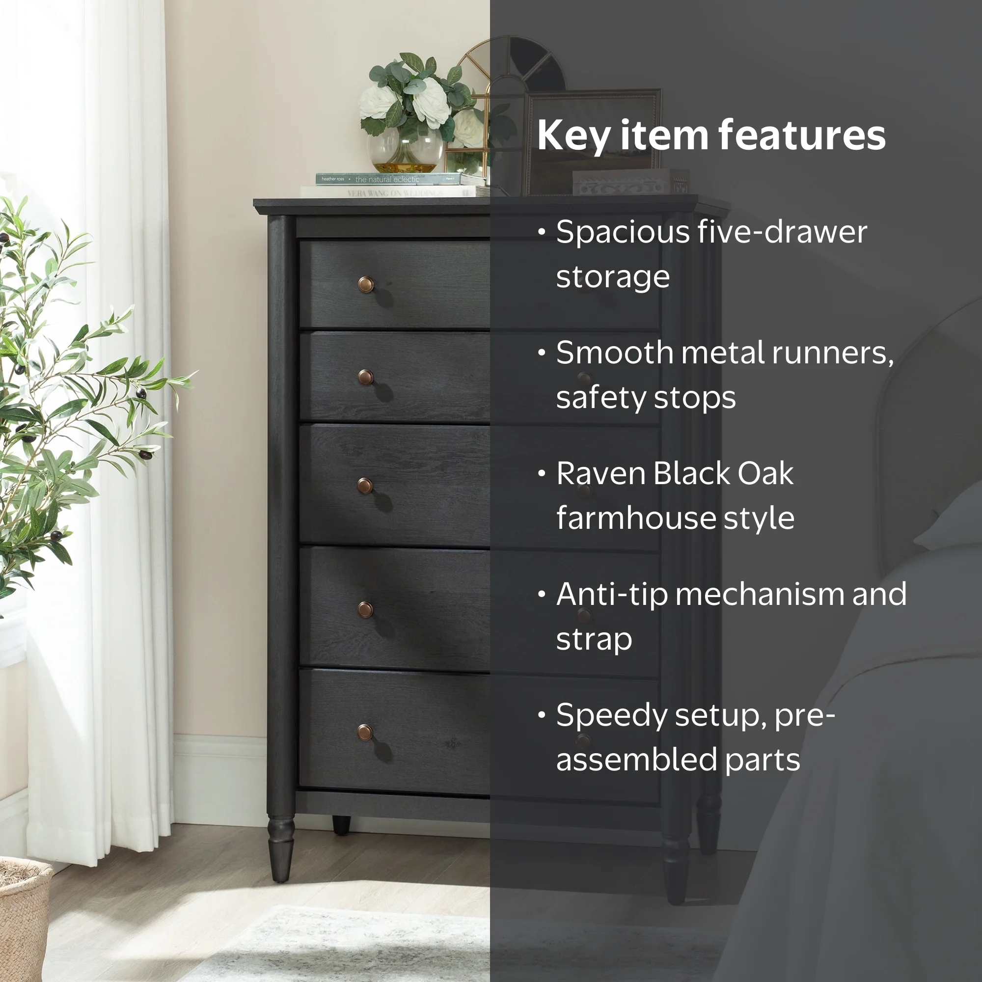 My Texas House Monroe 5-Drawer Dresser, Raven Black Oak Finish