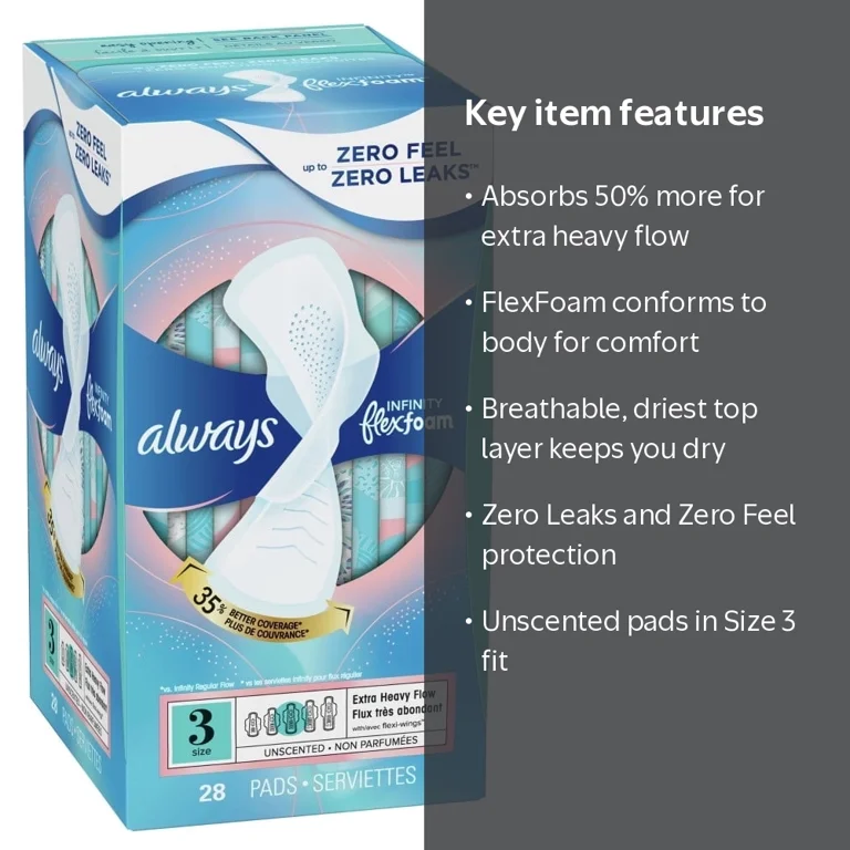 Always, Infinity Flex Foam Pads, Extra Heavy Flow, Size 3