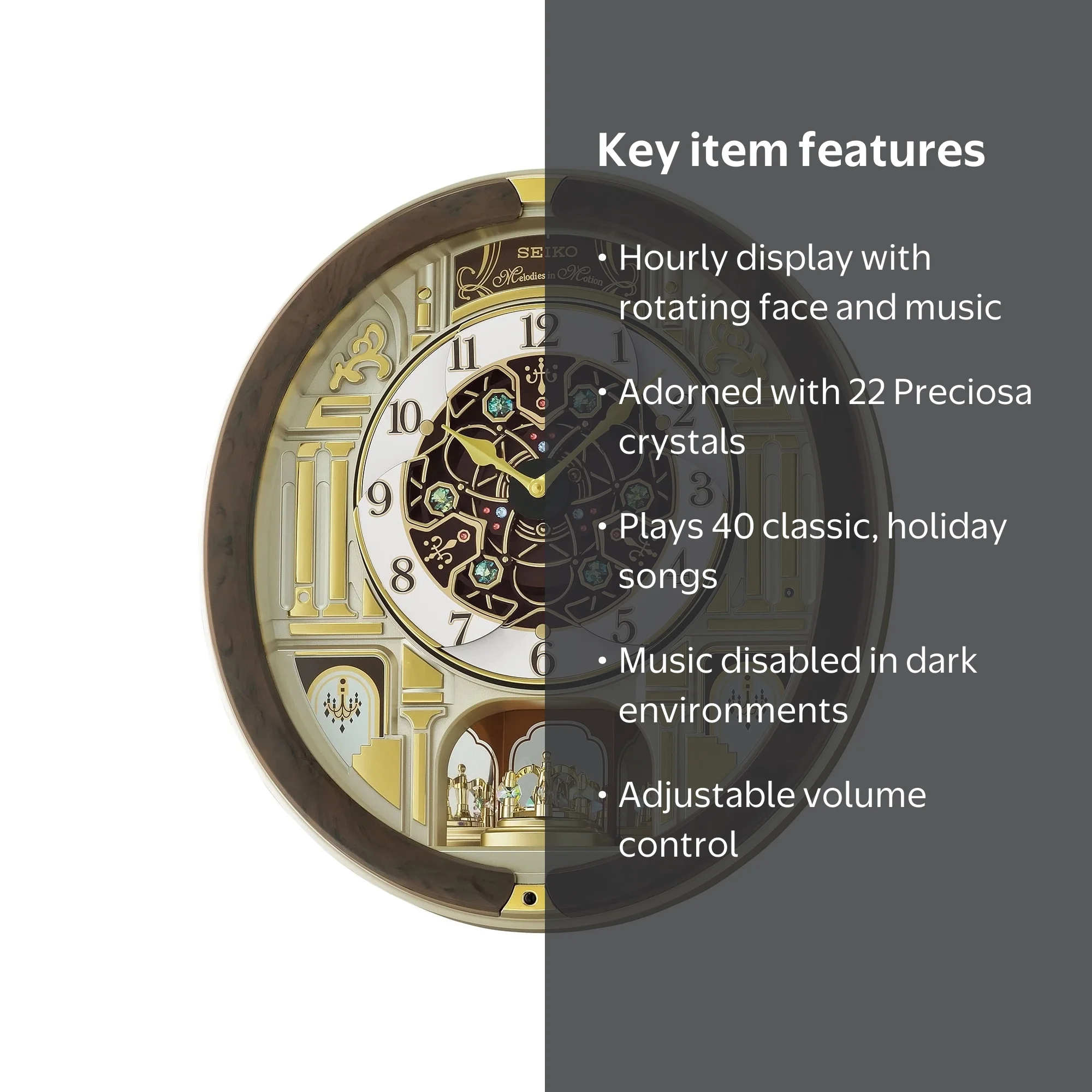 Seiko Melodies in Motion Wall Clock, Golden Pillars, Rotating Face